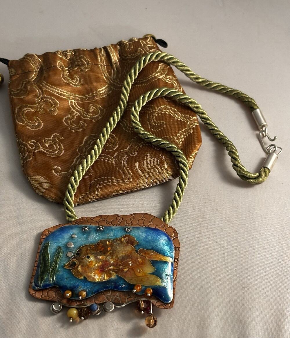 Artisan CHARLENE CROSS Enamel Koi/Copper/Moonstone PENDANT NECKLACE w/pouch